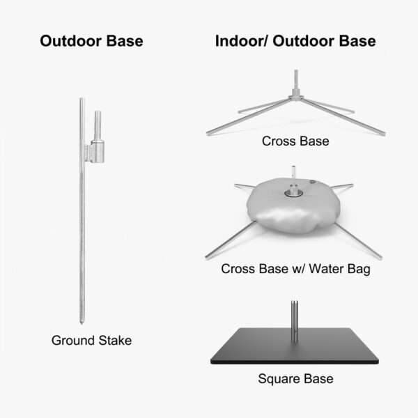 The feather flag base options include ground stake, cross base, and square base.