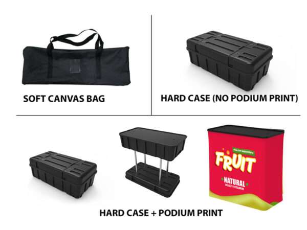 Trade show bags and hard cases shown.