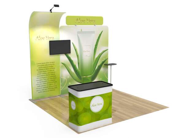 Shown is a green trade show booth.