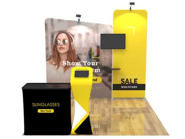 Yellow trade show display with iPad and tv shown.