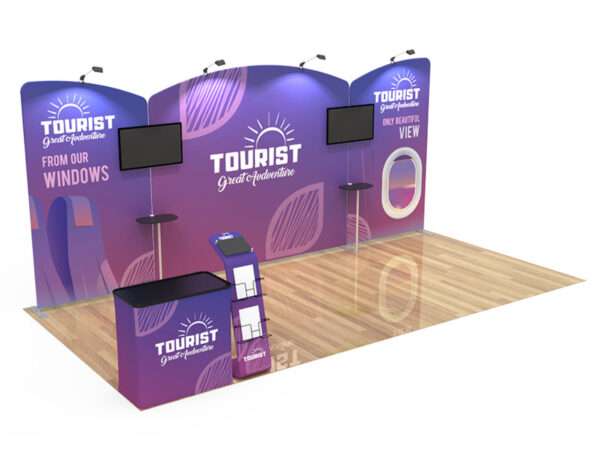 Purple and pink trade show display shown here.