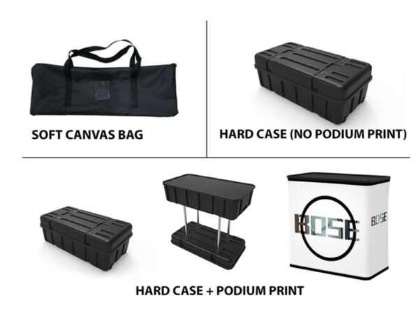 The black and white trade show setup comes with a soft canvas bag, hard plastic case, and podium print.