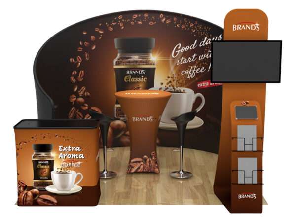 Round trade exhibition for coffee company shown here.