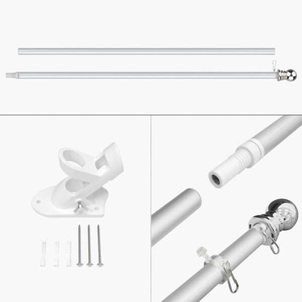 The flag pole mounting hardware as shown includes a pole and powder coated white mount.