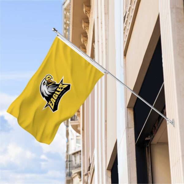 Eagles yellow pole flag mounted to pole and using the optional wall mounting hardware.