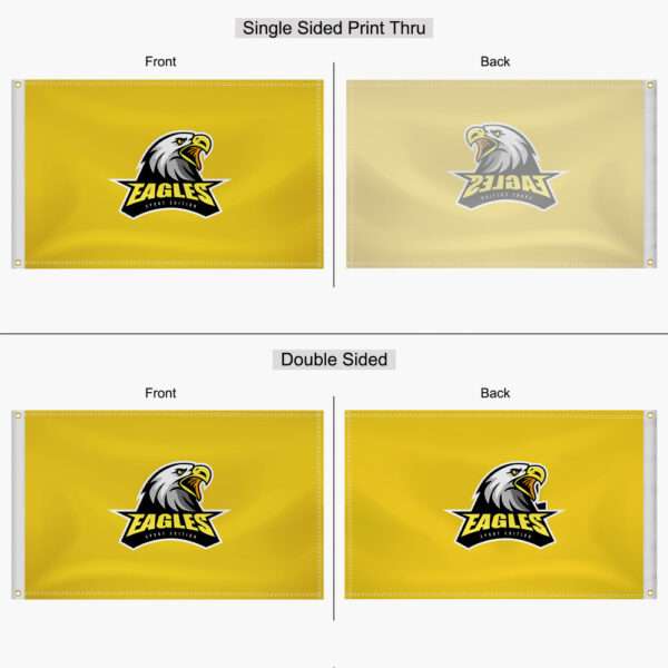 Pole flag printing options include single sided print thru as well as double sided flag printing.