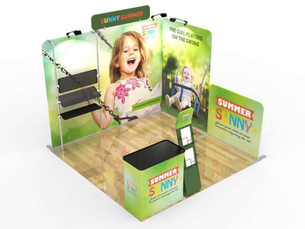 Green trade show idea with lights and overhead display shown here.