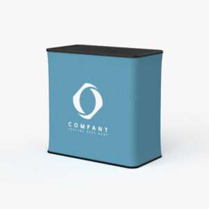 The custom podium for trade show features a stretch wrap fabric that encompasses all sides of the display with a solid surface top.