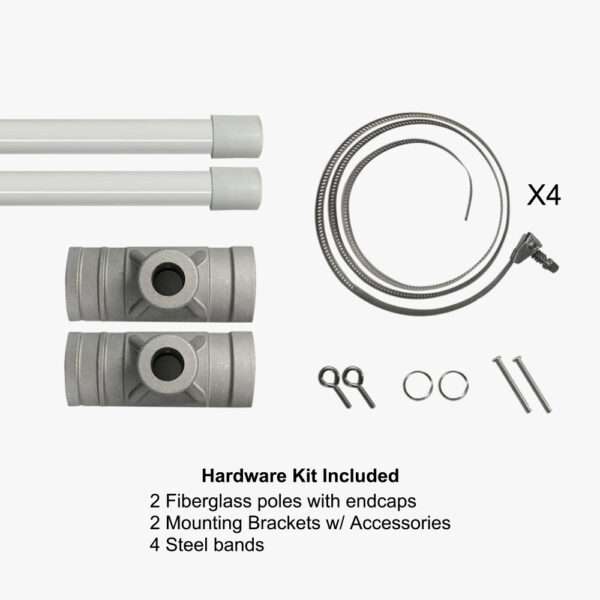 Pole banner hardware set includes two fiberglass poles with endocarps, 2 mounting brackets/accessories, and steel bands.