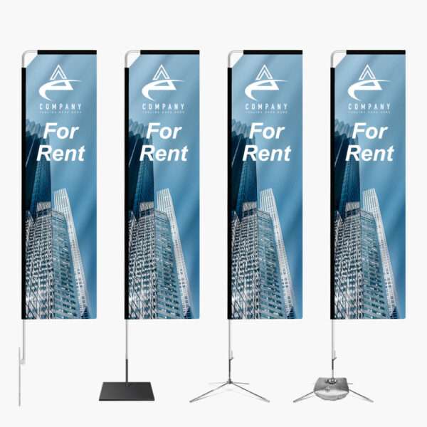 The rectangle flags shown include the ground stake for flag mounting, square base, cross base and cross base with water bag.