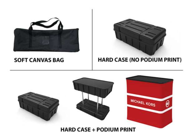 Red and Black Trade show booth with hard cases.