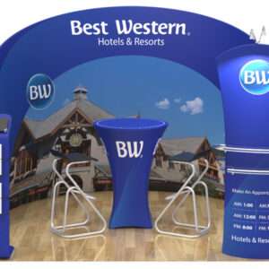 Rounded personalized trade show booth in blue shown here.