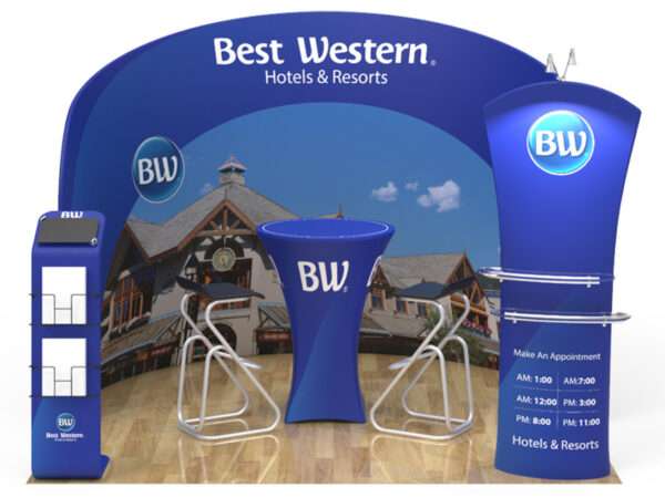 Rounded personalized trade show booth in blue shown here.