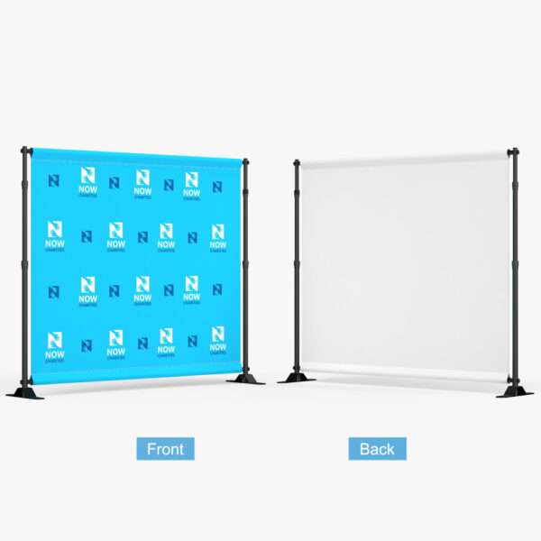 Step and repeat backdrop showing front and back as well as stand.