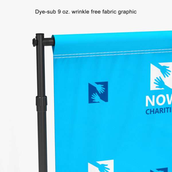 Dye sublimated 9 oz wrinkle free fabric and banner frame shown.