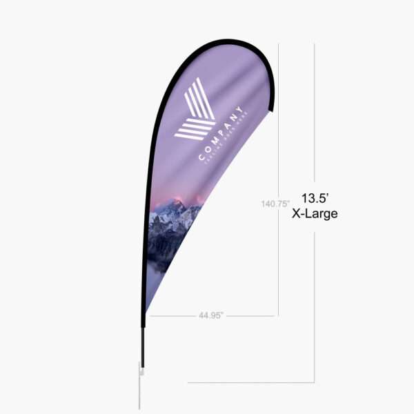 The extra large teardrop flag stands 13.5' tall and over 3.5 feet in width.