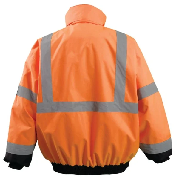 Back of orange bomber jacket shown.