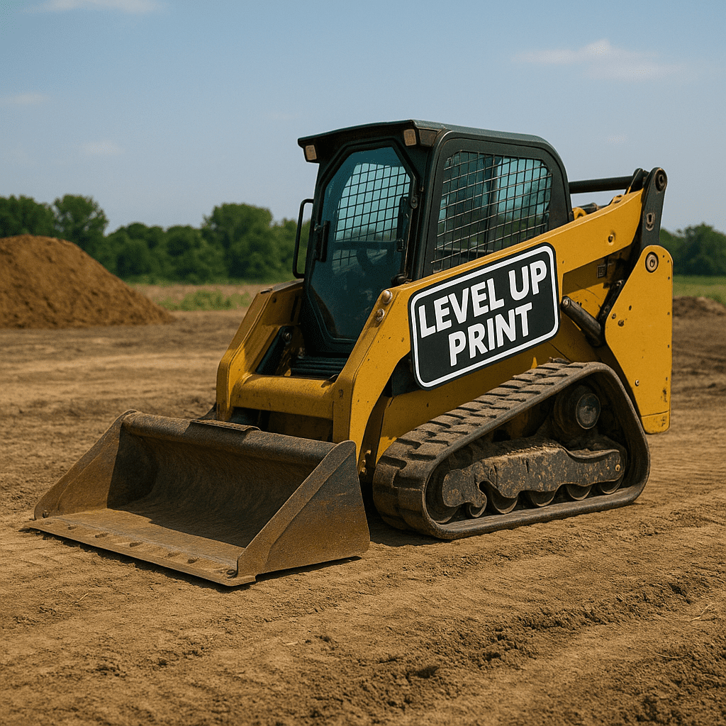 skid steer with level up print decals working in the dirt