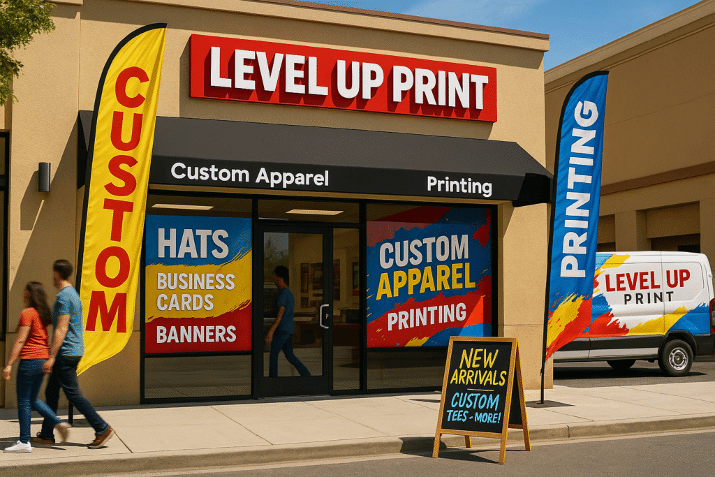 Storefront concept shown with level up print