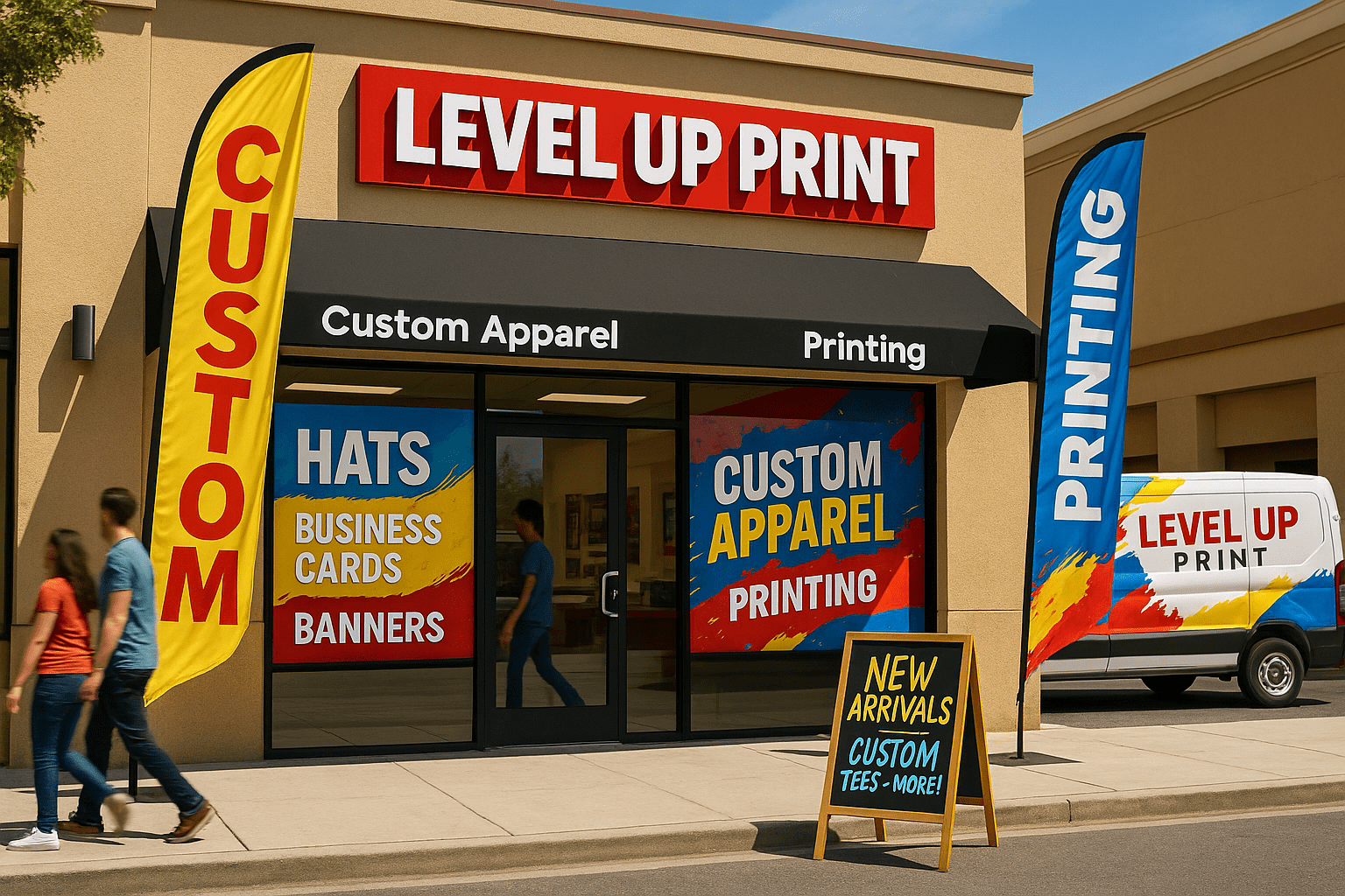 Storefront concept shown with level up print