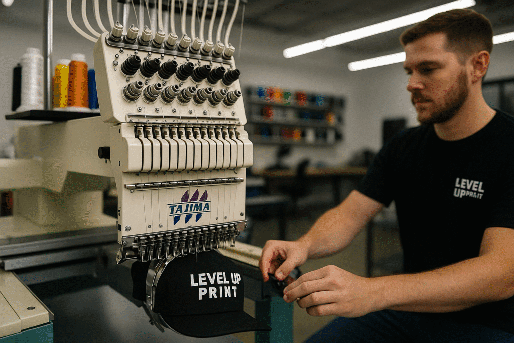 Level Up embroidery shown here.