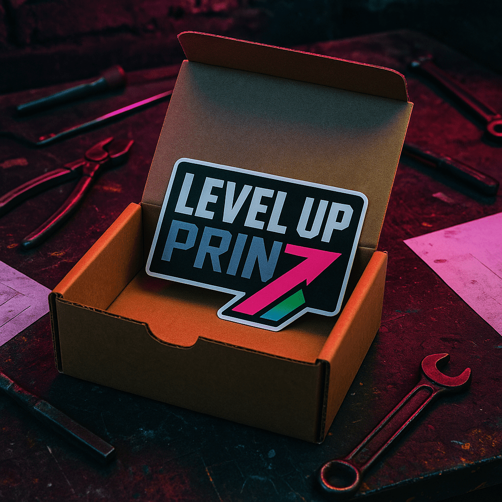 level up print sticker in a box.