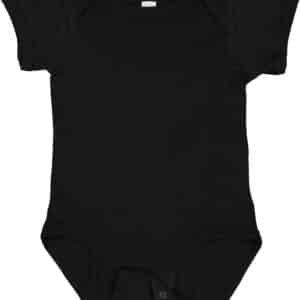 Rabbit Skins infant bodysuit in solid black on flat lay