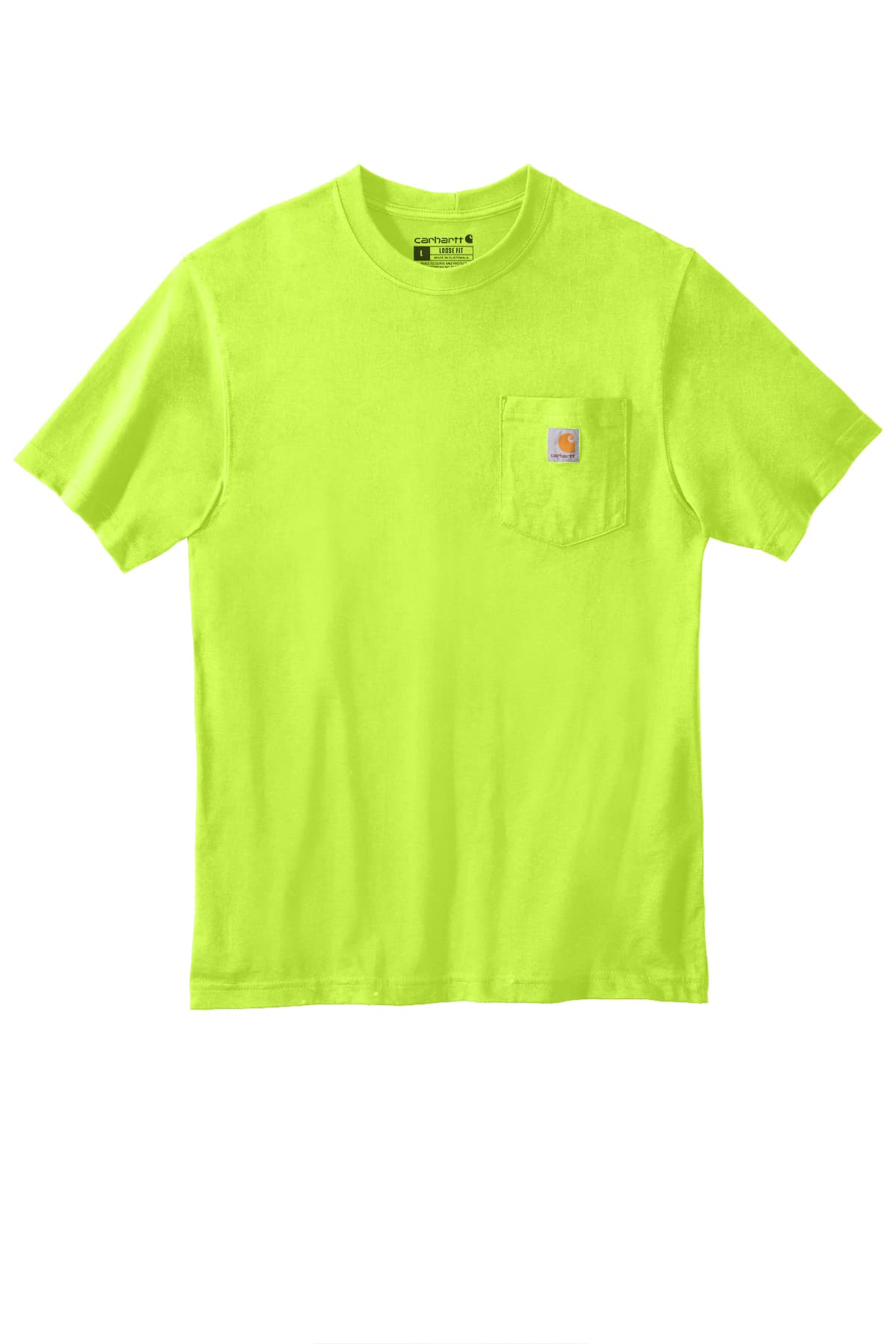 Carhartt CTK87 Brite Lime t-shirt displayed on a clean background, featuring a high visibility neon green color and durable workwear construction, ideal for custom printing by LevelUpPrint.com.